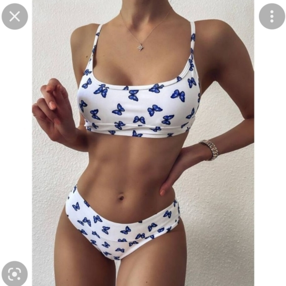 Shein Blue White Butterfly Bikini‎ Swim Suit